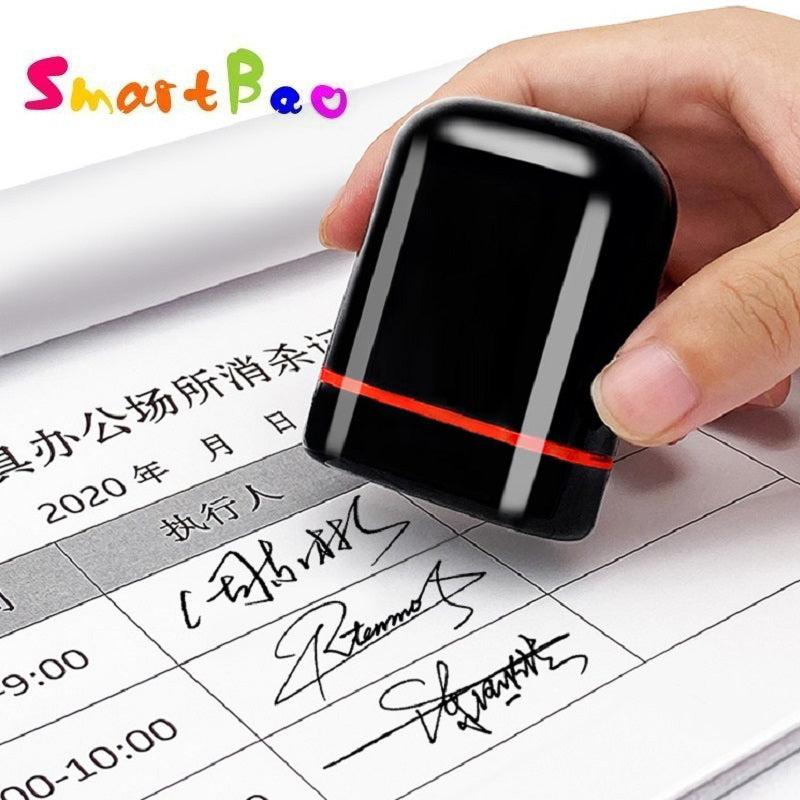 Portable handwritten signature stamp with self-inking system and clear imprint, ideal for teachers, professionals, and daily signing.