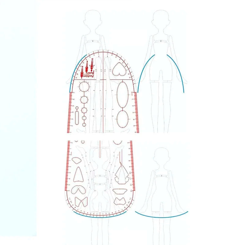 قالب مسطرة مصمم أزياء لقياسات ملابس الفتيات يحتوي على خطوط إرشادية لنسب الجسم