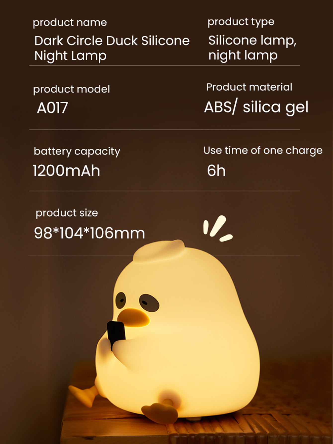 مصباح ليلي LED على شكل بطة من السيليكون - قابل لإعادة الشحن، مع إمكانية التحكم في الصنبور، ودرجة سطوع قابلة للتعديل، وعمر بطارية طويل، ومصنوع من مادة السيليكون الناعمة