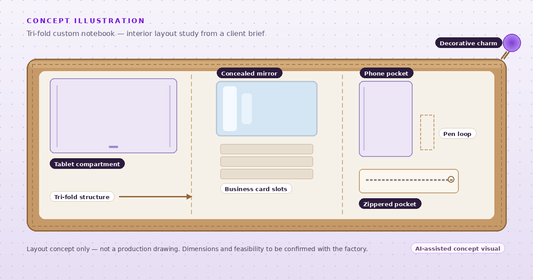 Concept illustration of a tri-fold custom notebook layout showing a tablet compartment, concealed mirror, business card slots, phone pocket, pen loop and zippered pocket