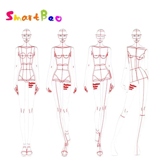 مسطرة رسم الأزياء، 4 نماذج، تصميم ملابس نسائية، رسم أزياء، قالب ديناميكي لجسم الإنسان، مسطرة