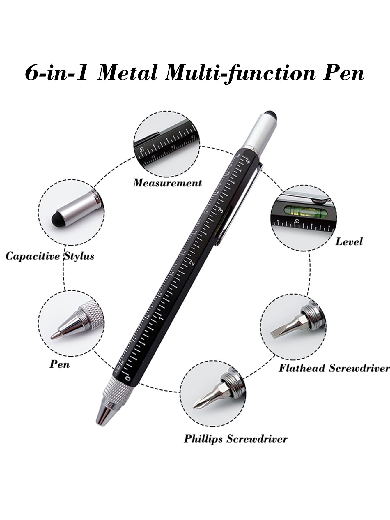 6-in-1 Multifunction Metal Tool Pen with Stylus, Level & Screwdriver