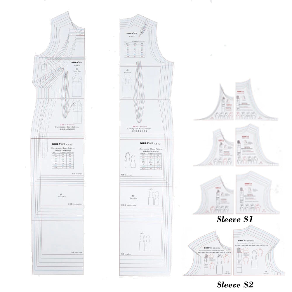 Cheongsam Pattern Basic Block Template | Multi-Size Qipao Sewing Pattern (7 Sizes) | Transparent Plastic Drafting Template