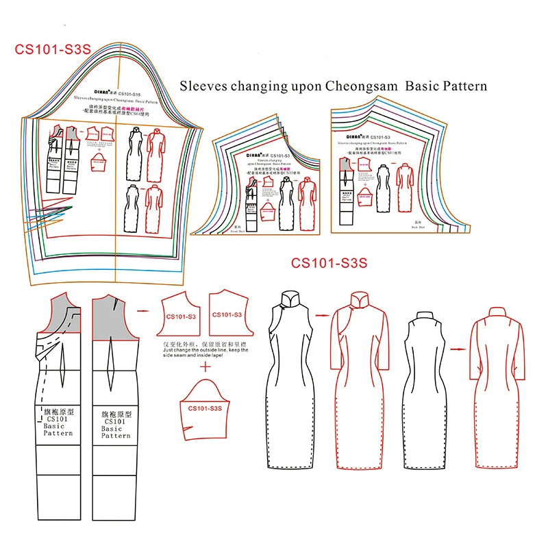 Cheongsam Pattern Basic Block Template | Multi-Size Qipao Sewing Pattern (7 Sizes) | Transparent Plastic Drafting Template