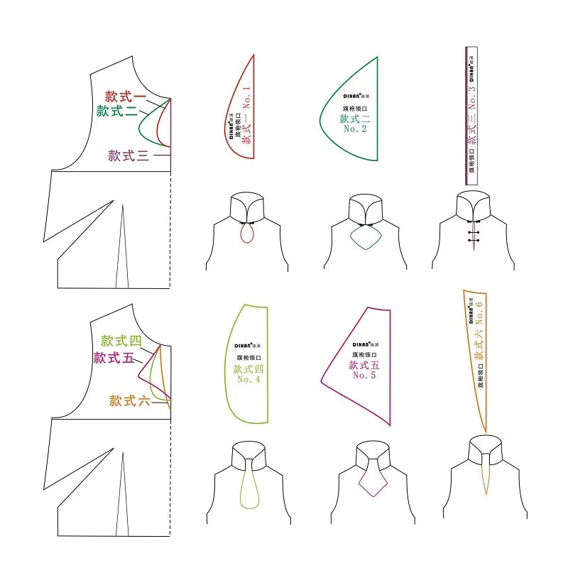 Cheongsam Collar Pattern Template Kit (6 Variations) – Universal Qipao Neckline Drafting Tool CS101-Neckline