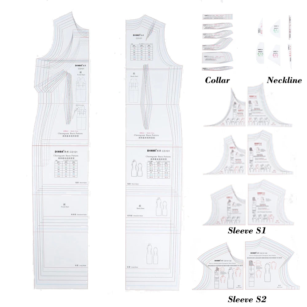 Cheongsam Pattern Basic Block Template | Multi-Size Qipao Sewing Pattern (7 Sizes) | Transparent Plastic Drafting Template