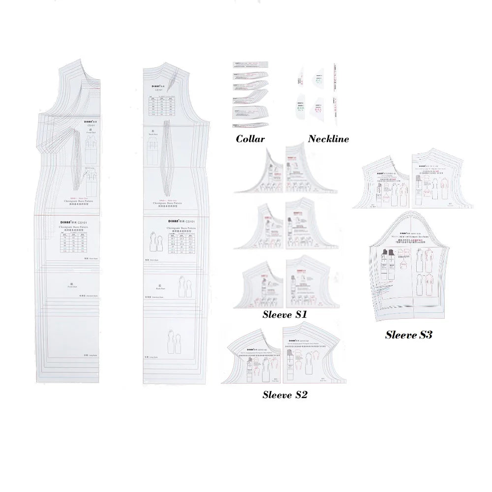 Cheongsam Pattern Basic Block Template | Multi-Size Qipao Sewing Pattern (7 Sizes) | Transparent Plastic Drafting Template